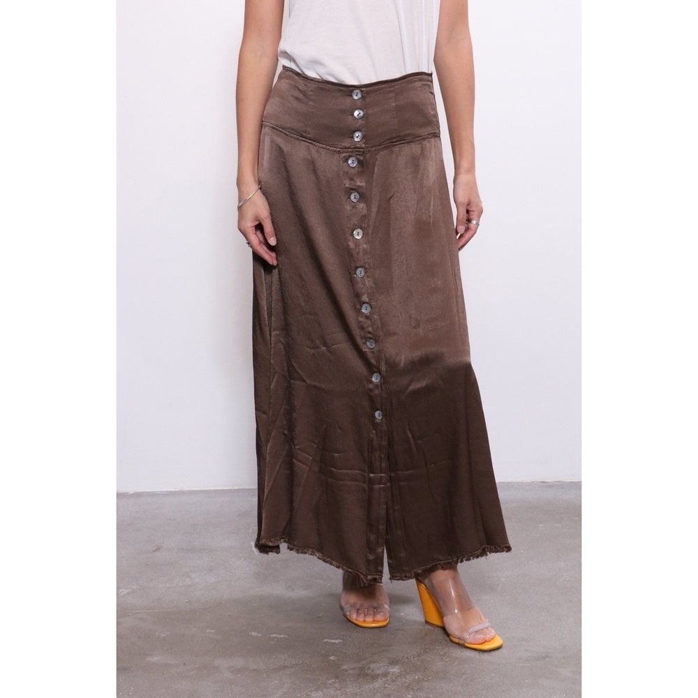 Raquel Allegra Satin Maxi Skirt L Button Front Boho Indie Minimalist Moss Brown